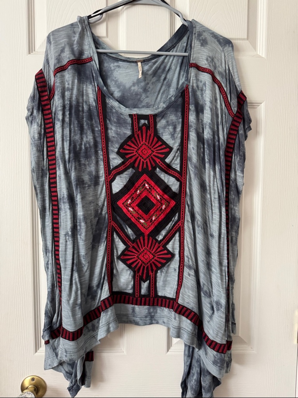 Free People Boho Embroidered Grey Tunic Top with Red Accents